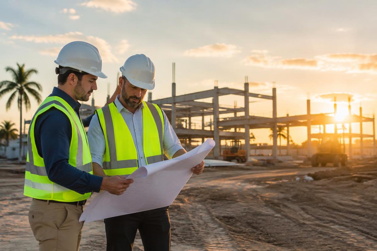 Project managers reviewing blueprints on a commercial construction site